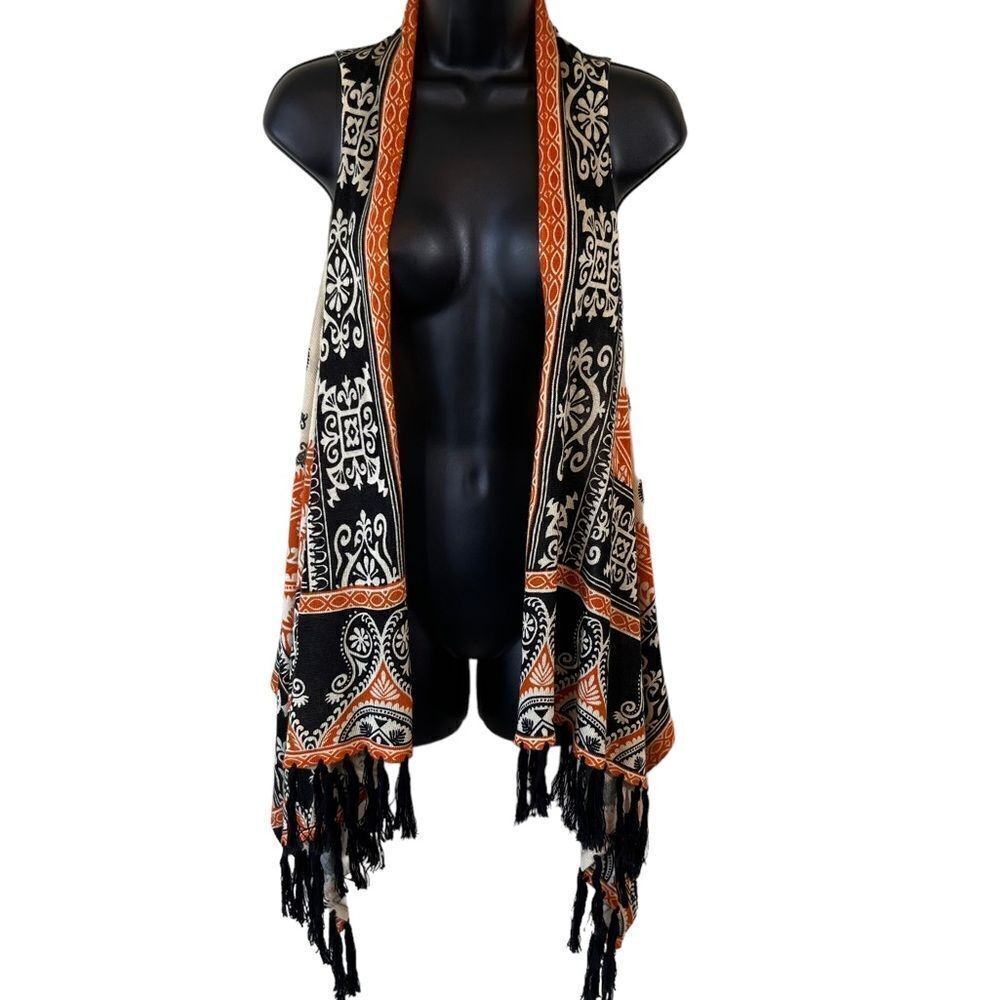 Christina Boho Paisley Scarf Print Open Front Fringed Sleeveless Cardigan Vest